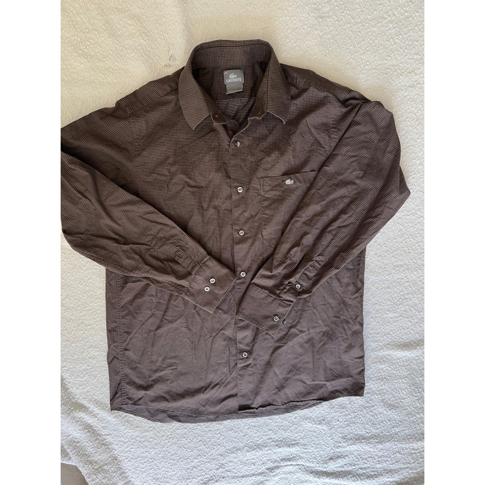 Lacoste Mens Brown Micro Dot Cotton Button Down Shirt Size 42 Long Sleeve